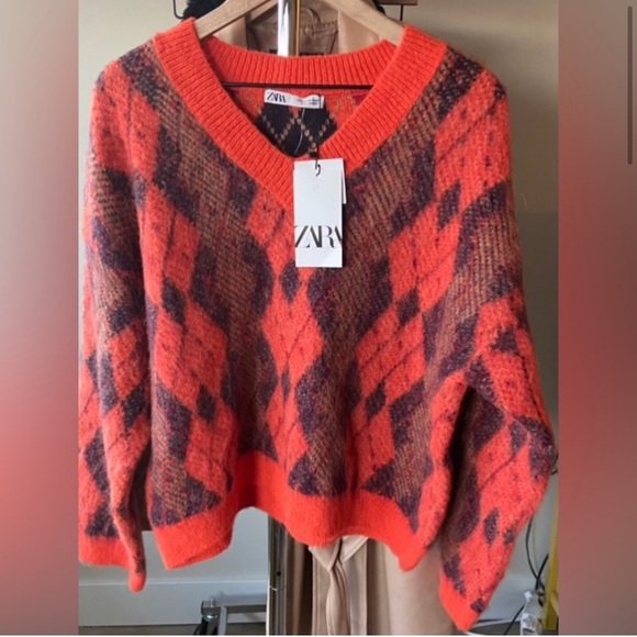 M 🔖 ZARA Wool Alpaca Blended Argyle Sweater V-neck - Picture 6 of 12